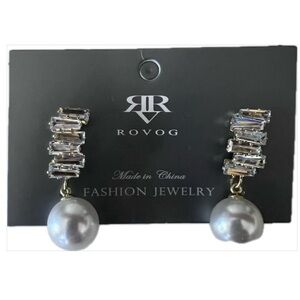 EARRINGS ROVOG Silver Fashion with Crystals and White Pearl Drop Dressy Elegant